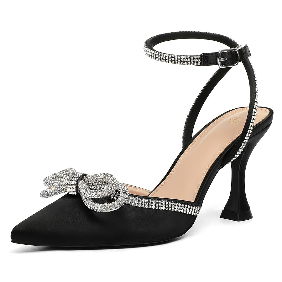 mysoft Women's Rhinestone Bow Pumps Wedding Dress Shoes Pointed Toe Ankle Strap Kitten Heels | Amazon (US)