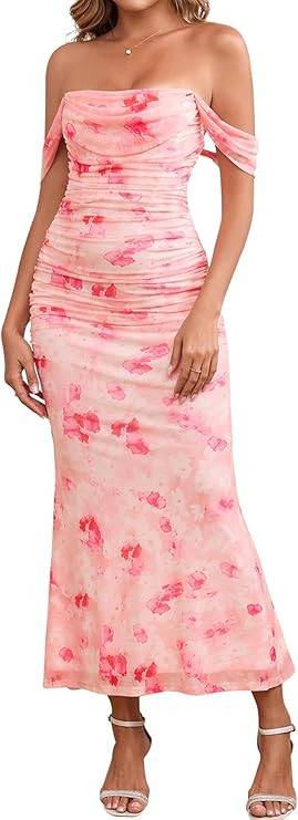 KUTUMAI Off The Shoulder Maxi Long Dress Corset Ruched Bodycon Formal Wedding Guest Dresses for W... | Amazon (US)