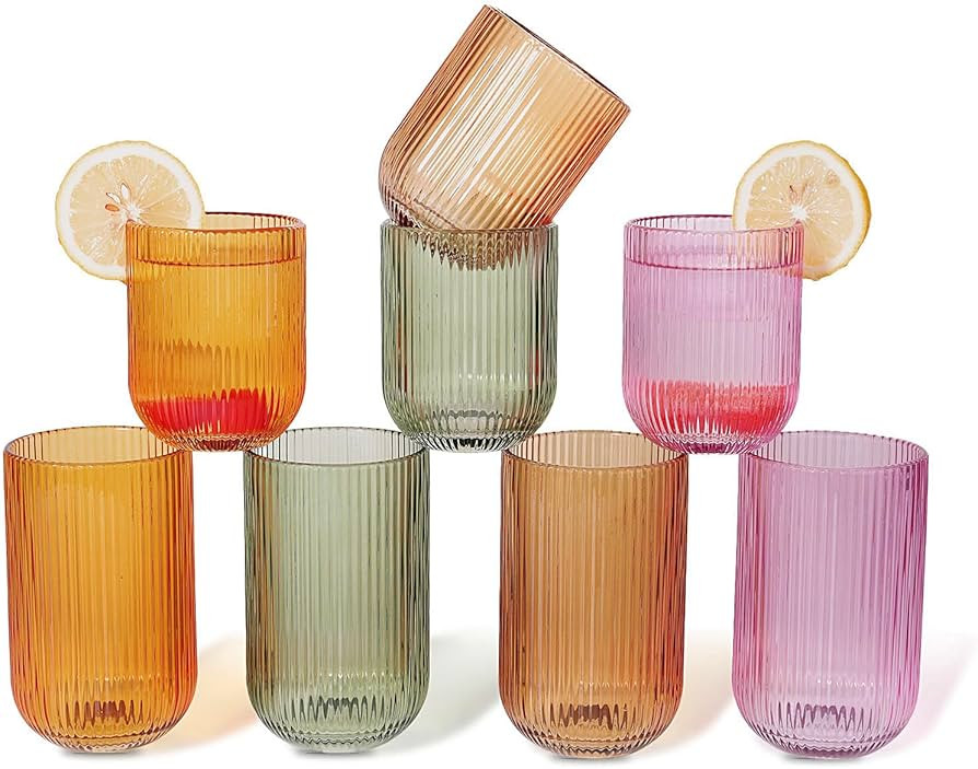 Set of 8 Dopamine-colored-match Ribbed Glassware,4 Highball Glasses 14oz & 4 Rocks Drinking Glass... | Amazon (US)