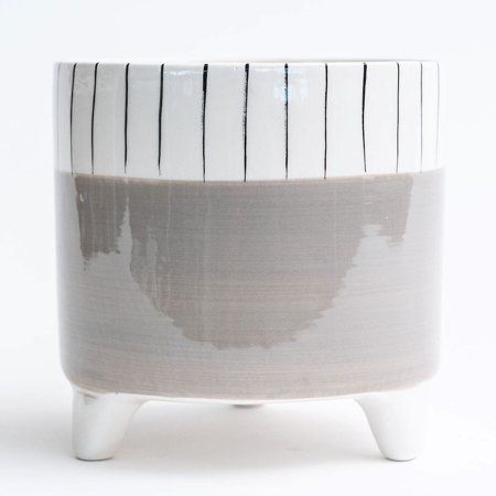 Footed Gray With Black And White Striped Rim Planter | Walmart (US)