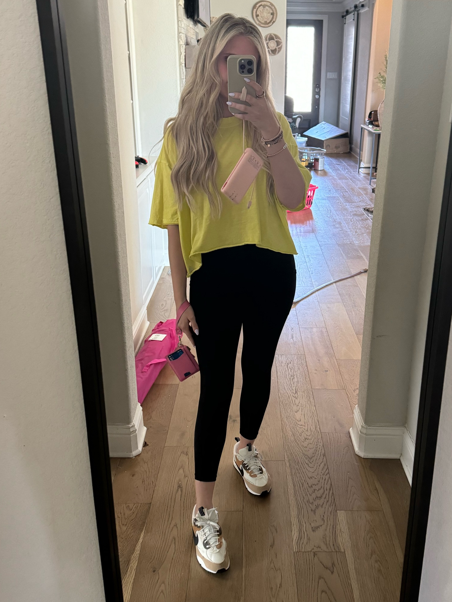 Amazon portable charger 
Nike Air
Black leggings 
Free people movement 
Inspire Tee
Basic tshirt

#LTKSeasonal #LTKshoecrush