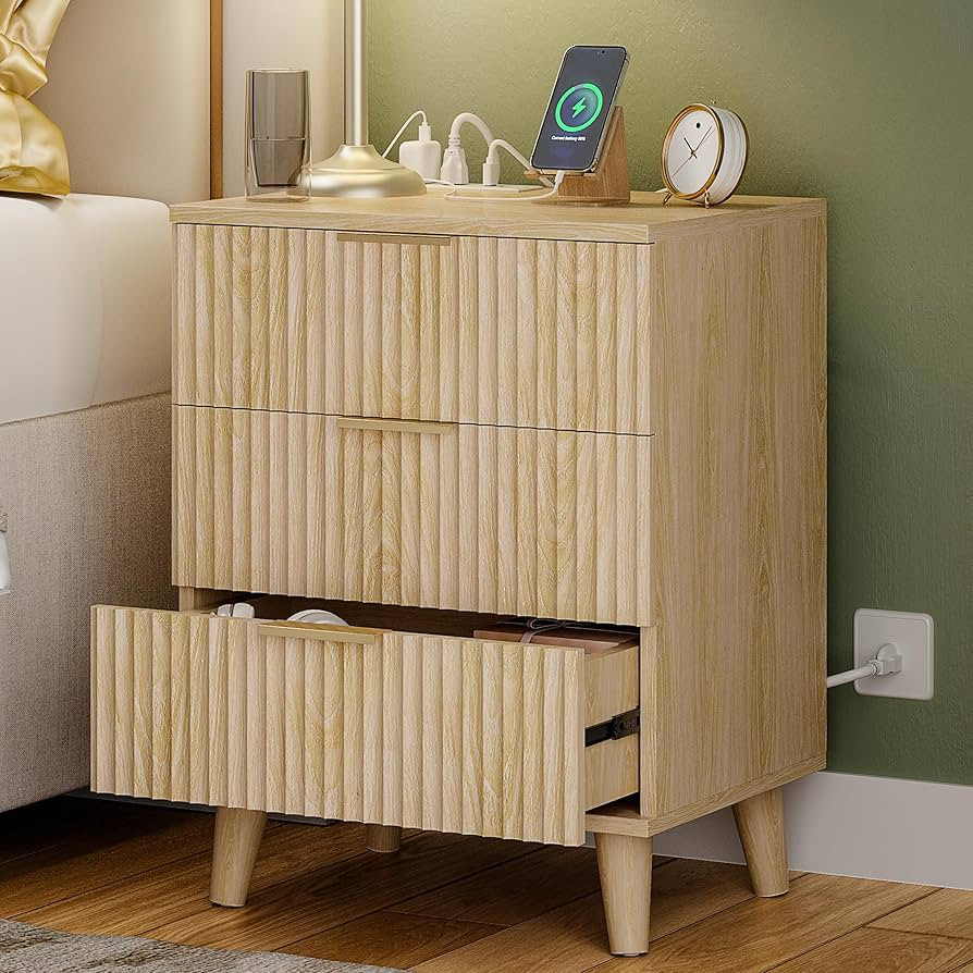Lulive Wood 3 Drawers Dresser Fluted Night Stand with Charging Station, Storage Nightstand Modern... | Amazon (US)