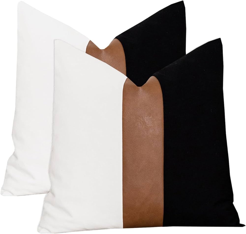 Vfuty Set of 2 Black and White Modern Throw Pillow Cover Thick Faux Leather and Cotton Farmhouse ... | Amazon (US)