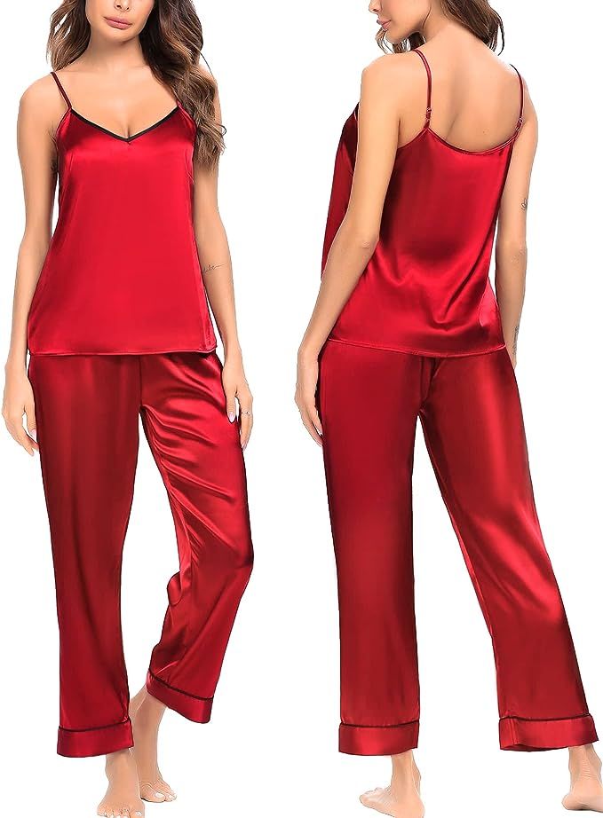 SWOMOG Womens Silk Satin Pajamas Set Two-Piece Pj Sets Cami Top and Capris Pants Sleepwear at Ama... | Amazon (US)