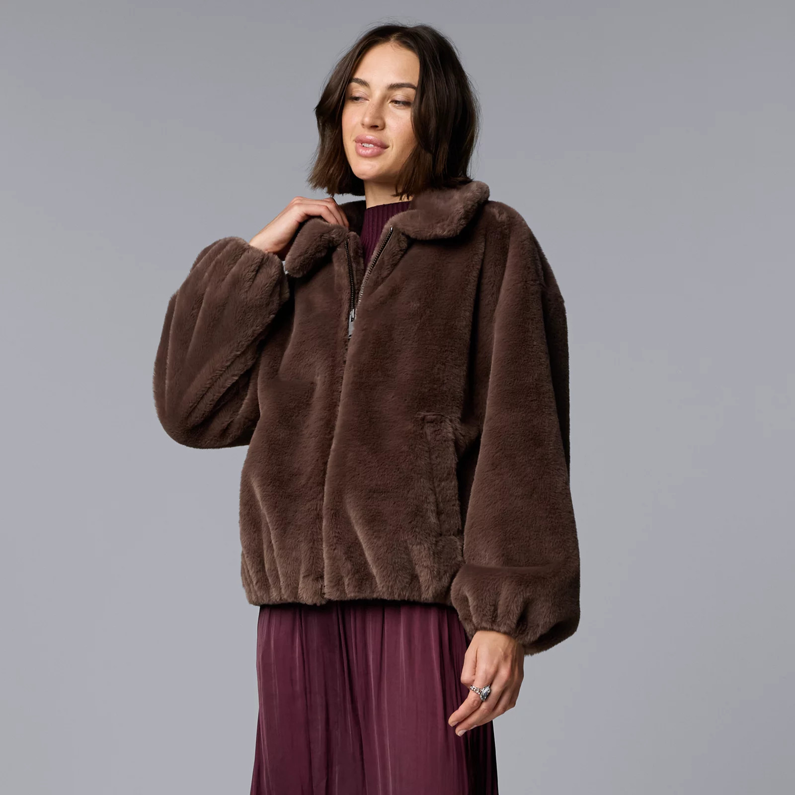 Women's Simply Vera Vera Wang Zip Up Faux Fur Jacket, Size: XXL, Benji Brown | Kohl's