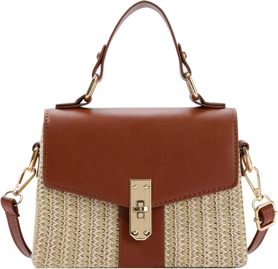 Summer Woven Straw Crossbody Bag Women Color Block Flap Box Purse Lock Closure Mini Satchel | Amazon (US)
