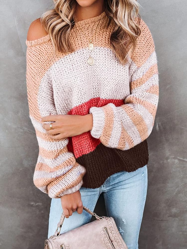 ZESICA Women's Long Sleeve Crew Neck Striped Color Block Casual Loose Knitted Pullover Sweater Tops | Amazon (US)