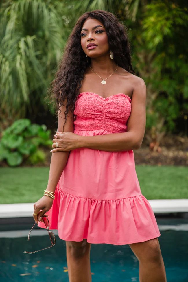 See You When I See You Coral Strapless Mini Dress | Pink Lily