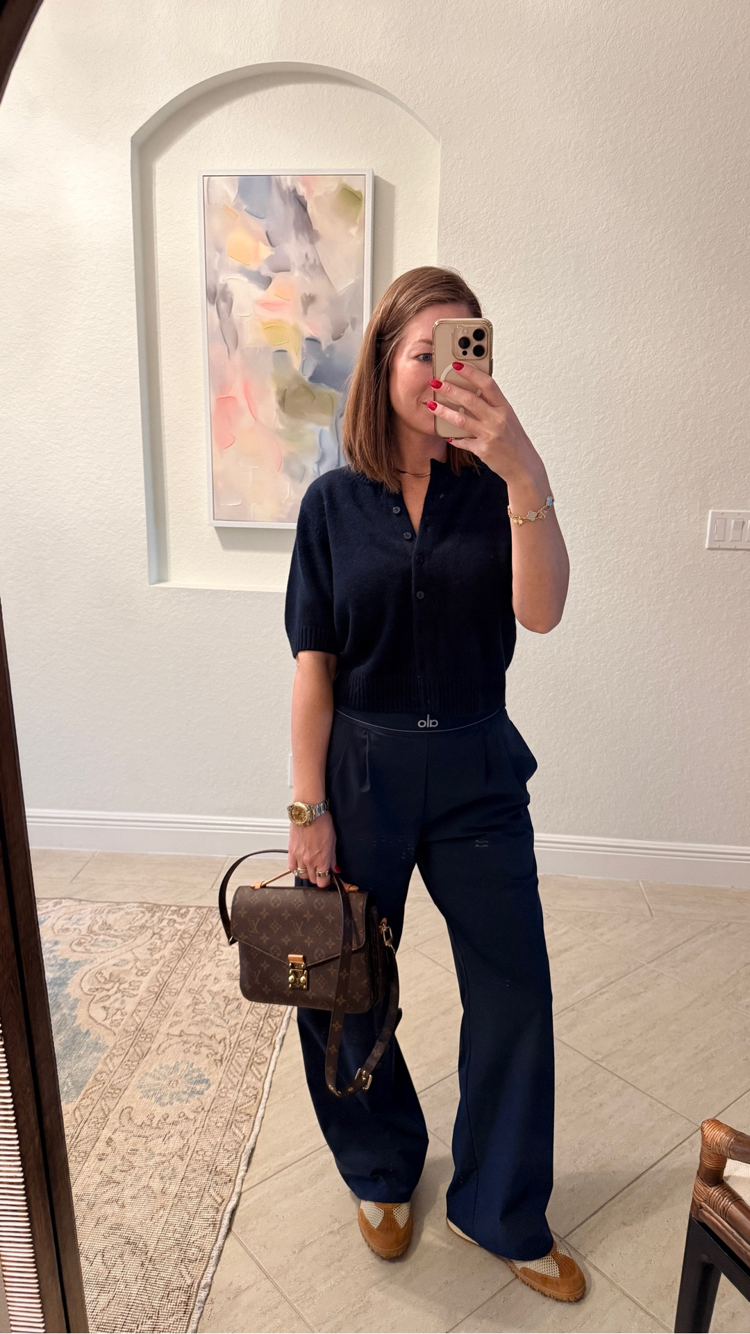 This short sleeve cashmere sweater is the best substitute to elevate your look from a basic tee or tank! Size small top and bottoms. @Alo Yoga 
@Reformation 

#LTKootd #LTKOver40 #LTKActive