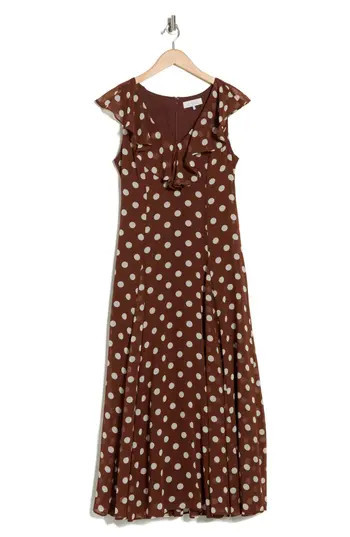 WAYF Ruffle Godet Maxi Dress in Redwood Polka Dot at Nordstrom Rack, Size Small | Nordstrom Rack