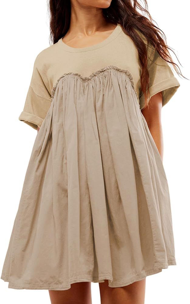 Women's Summer Babydoll Mini Dress Short Sleeve Crewneck Tshirt Dress Casual Patchwork Dress with... | Amazon (US)