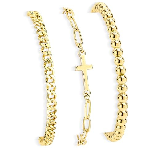 Gold Bracelet for Women, Dainty 14k Gold Filled Gold Bracelet Set Adjustable Stretch Beaded Bracelet 3pcs Gold Bracelet Stack Beaded Cuban Cross Bracelet WaterProof Jewelry Gifts for Women | Amazon (US)