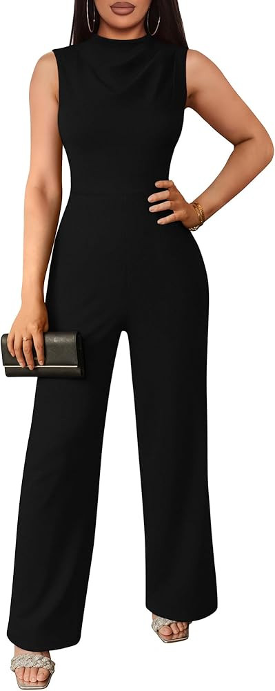 DAAWENXI Women's Casual Sleeveless Jumpsuits Dressy Mock Neck Wide Leg Pants Rompers One Piece Ju... | Amazon (US)