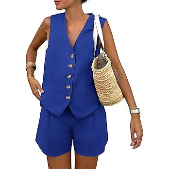 PRETTYGARDEN Women's Summer 2 Piece Outfits Sleeveless Matching Sets Button Down V Neck Vest Wais... | Amazon (US)