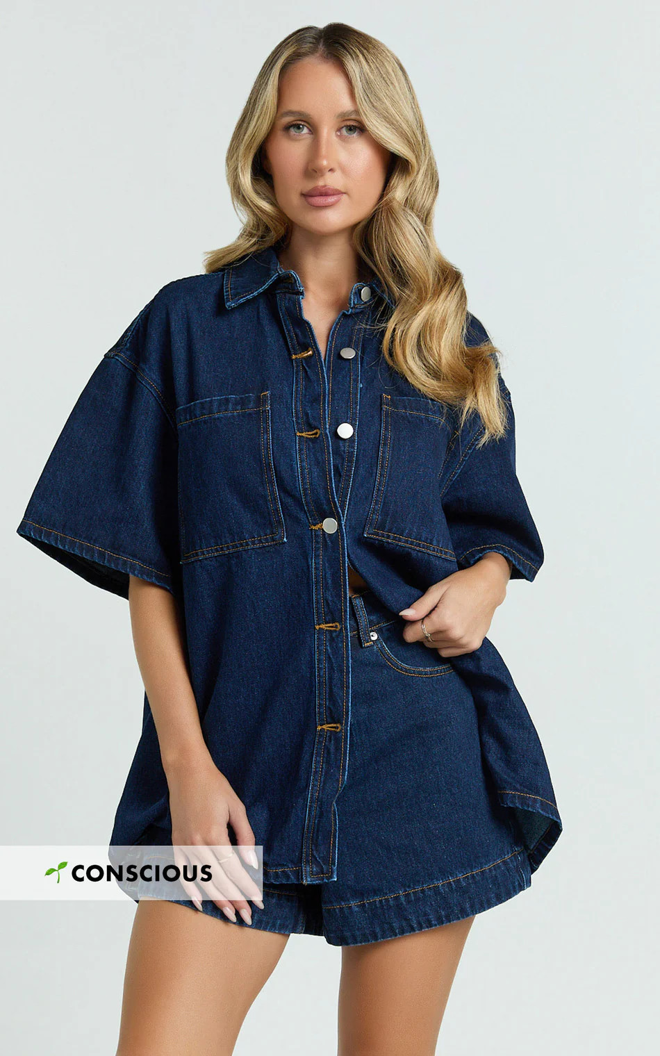 Rhianna Top - Oversized Recycled Denim Hardware Detail Short Sleeve Shirt in Indigo Wash | Showpo (US, UK & Europe)
