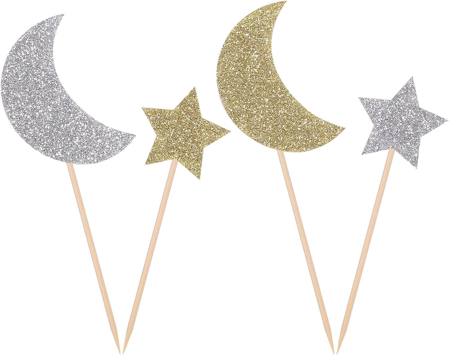 Gold and Silver Moom and Star Cupcake Toppers Baby Shower Birthday Party Appetizer Picks - 24 Cou... | Amazon (US)