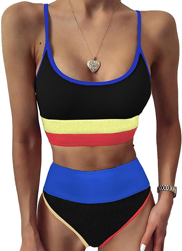 Herseas Women High Waist Bikini Set Color Block Striped Knit Ribbed Two Piece Swimsuits | Amazon (US)