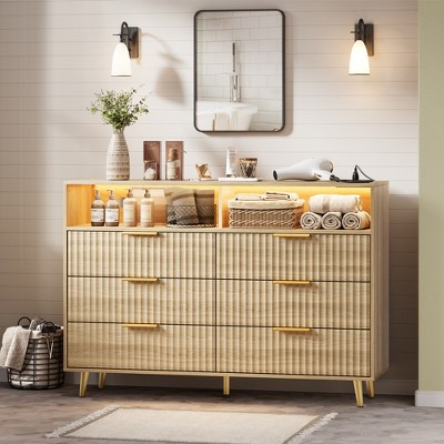 54" Wide Fluted 6 Drawer Dresser with LED Lights & Charging Station, Modern Wood Dresser with Open Shelf and Golden Handles for Bedroom-Oak | Target