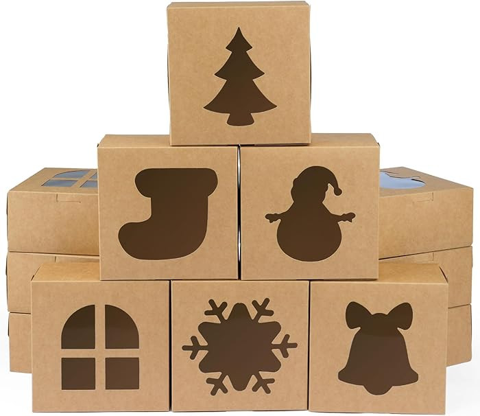 12 PCS Christmas Cookie Boxes, 6×6×3 Inches Treat Boxes Tin, Small Pastry Boxes with Window, fo... | Amazon (US)