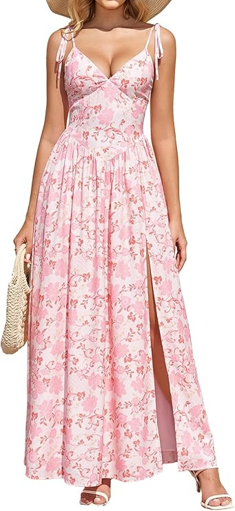 KUTUMAI Floral V Neck Slit Maxi Dress Lace Up Flowy Long Sundress Boho Summer Beach Wedding Guest... | Amazon (US)