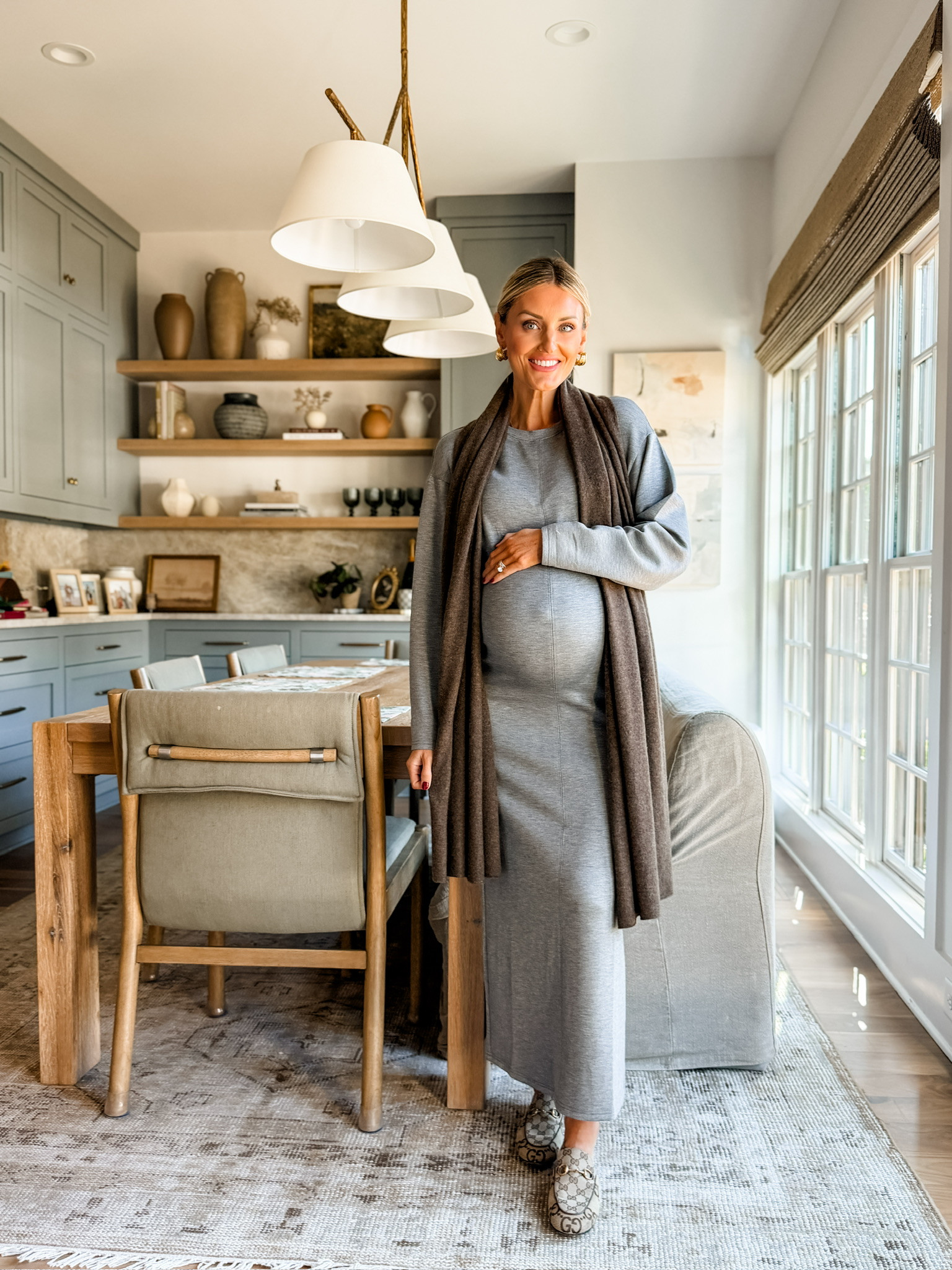 This Loft scuba maxi dress is so comfortable and works great with the bump! I styled it with this cashmere wrap for an extra warm layer. Wearing a size XS! Loverly Grey, Loft haul, winter outfit inspo, affordable find, fall styling, cashmere, Quince 

 #LTKSeasonal #LTKStyleTip #LTKBump