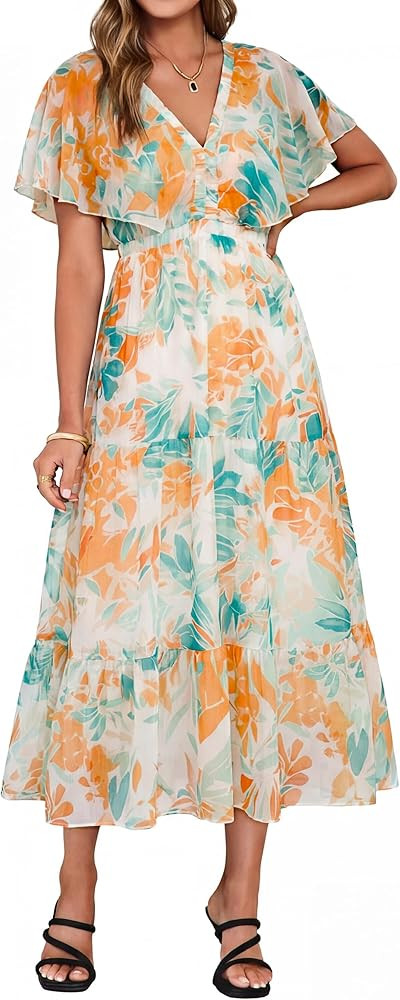 Simplee Womens Floral Boho Maxi Dress Summer Beach Wedding Guest V Neck Ruffle Sleeve Long Flowy ... | Amazon (US)