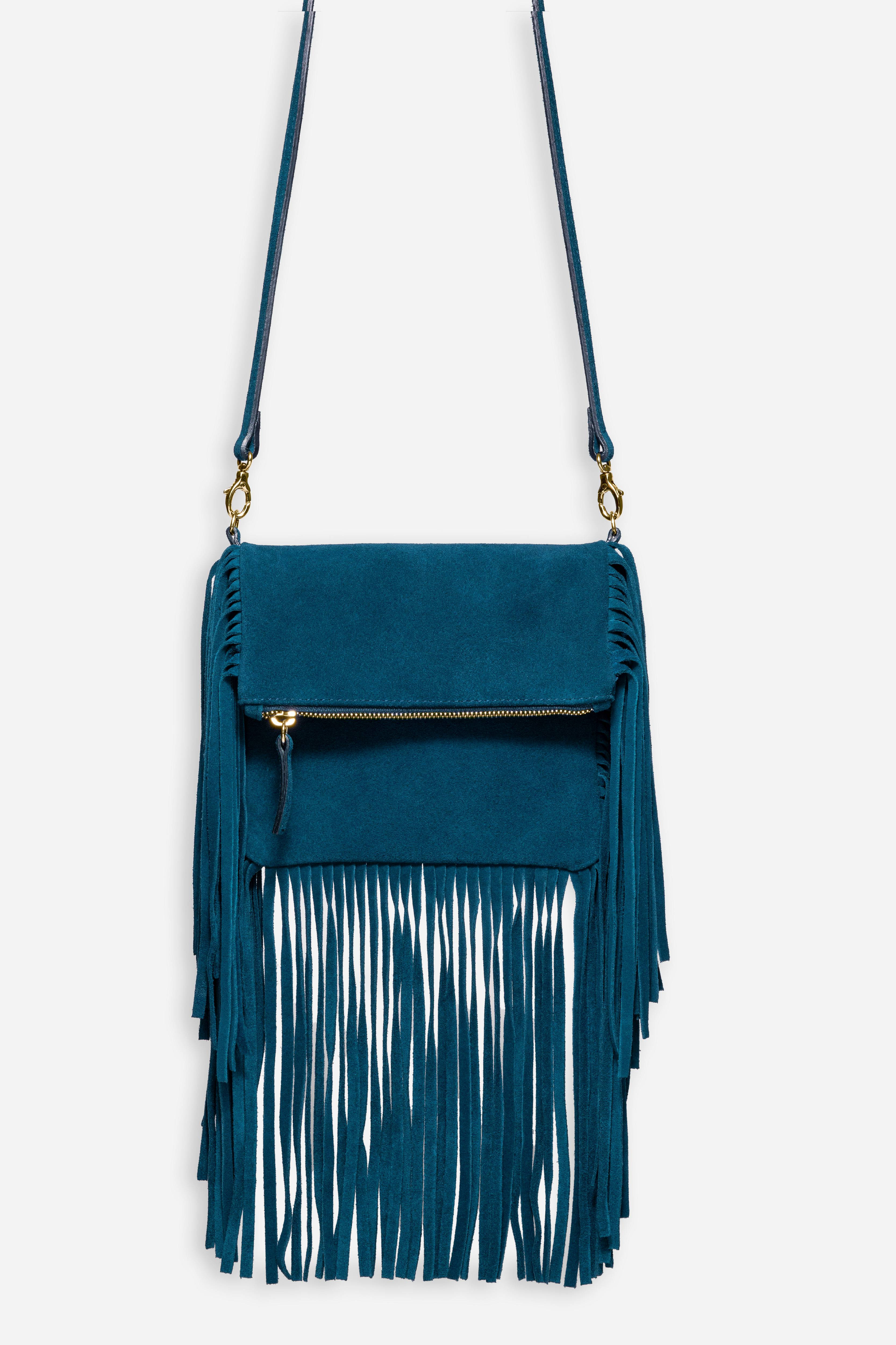 TEAL ITALIAN SUEDE FOLDOVER FRINGE CROSSBODY | Johnny Was | Johnny Was