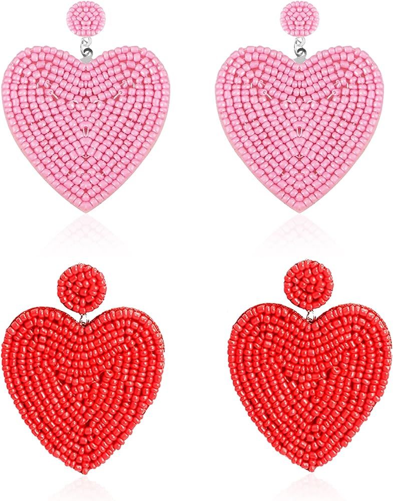 Just Follow 2 Pairs Red Pink Beaded Drop Earrings Handmade Seed Bead Heart Hoop Dangle Earrings B... | Amazon (US)