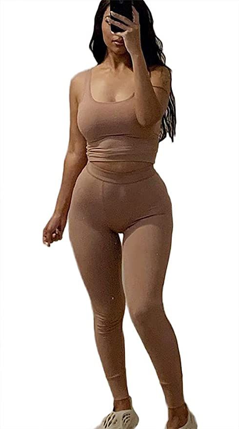 Women's Workout Outfits 2 Pieces Ribbed Shorts Set High Waist Bodycon Leggings and Sleeveless Tan... | Amazon (US)