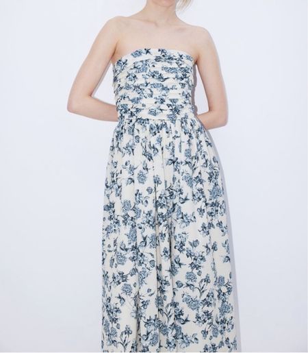 Blue and white floral strapless midi dress 

#LTKfindsunder100 #LTKSeasonal #LTKstyletip