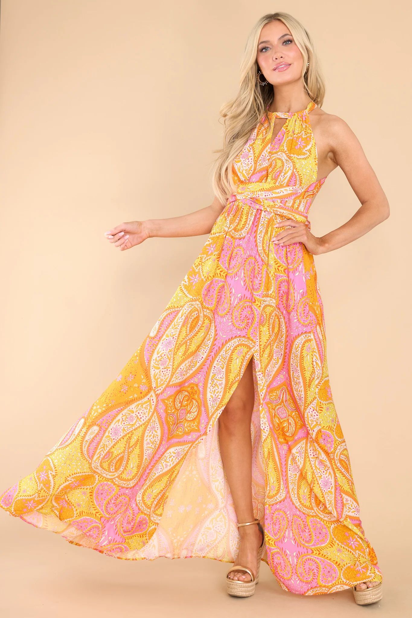 Meant For Me Tangerine Print Maxi Dress | Red Dress 