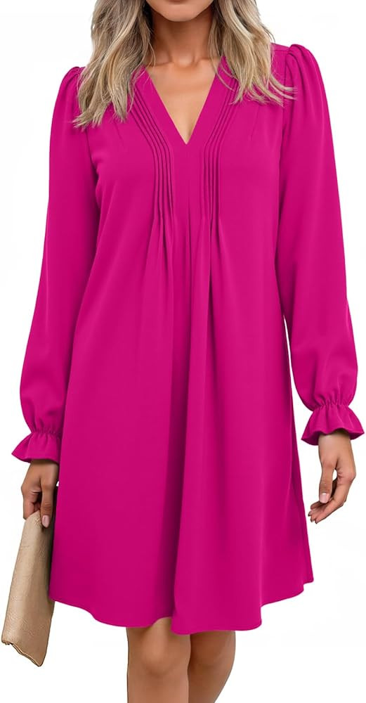 Dokotoo Womens Casual Dress A-Line Ruffle Sleeve V Neck Midi Dress 2025 Fashion Pleated Flowy Sun... | Amazon (US)