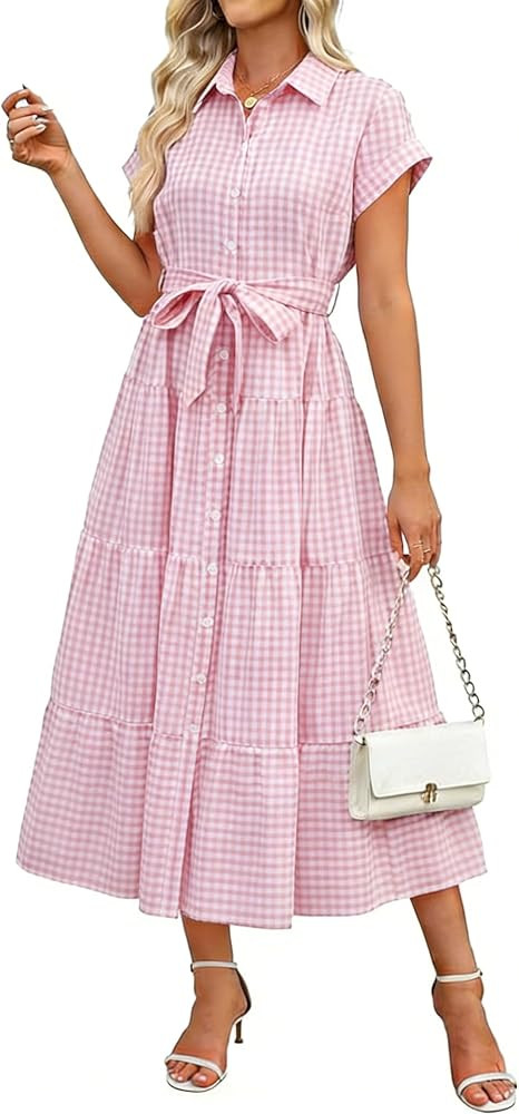 utcoco Womens Casual Plaid Belted Short Sleeve Maxi Shirt Dress with Pocket | Amazon (US)
