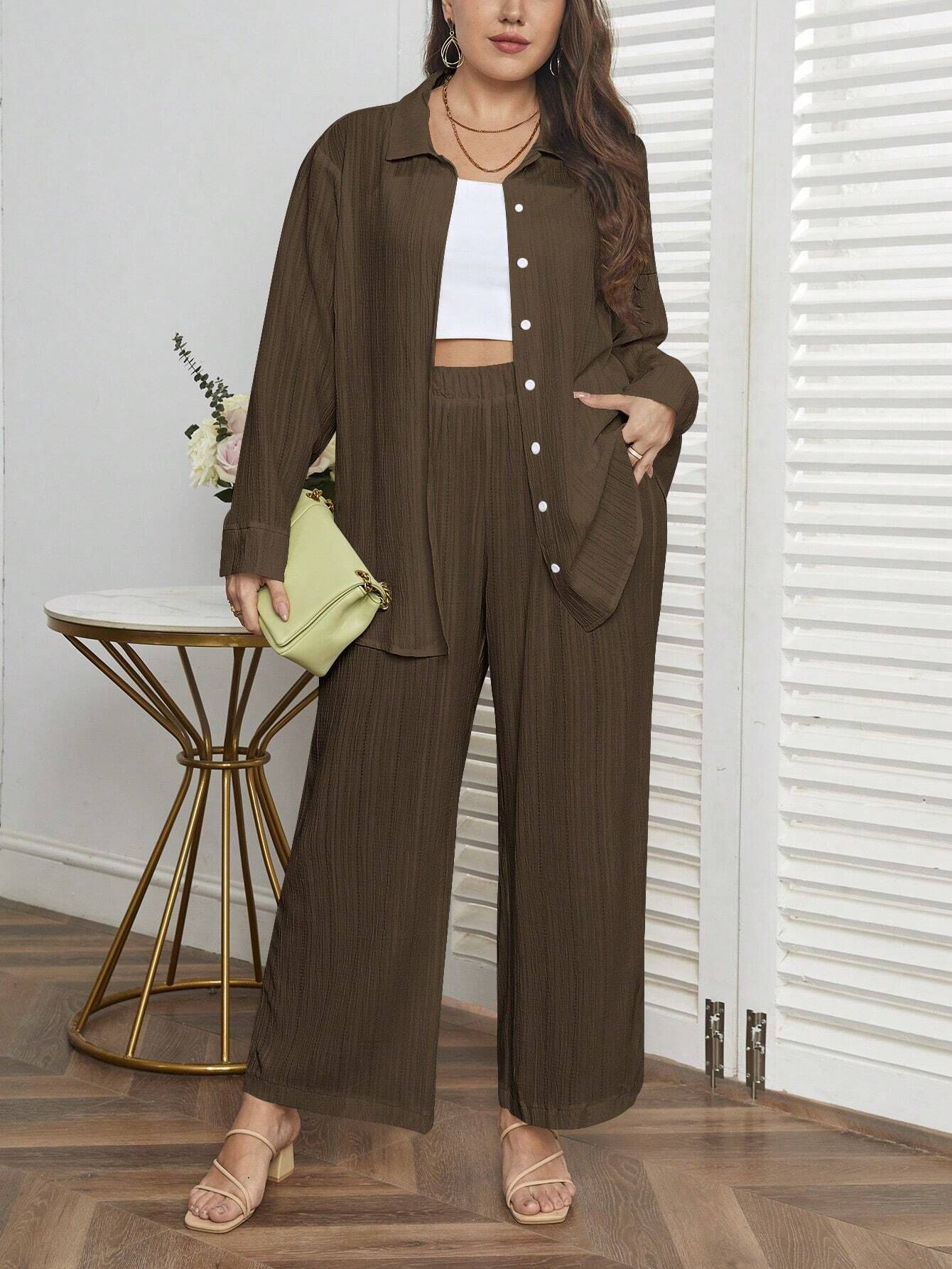 SHEIN Essnce Plus Solid Button Front Shirt & Wide Leg Pants | SHEIN
