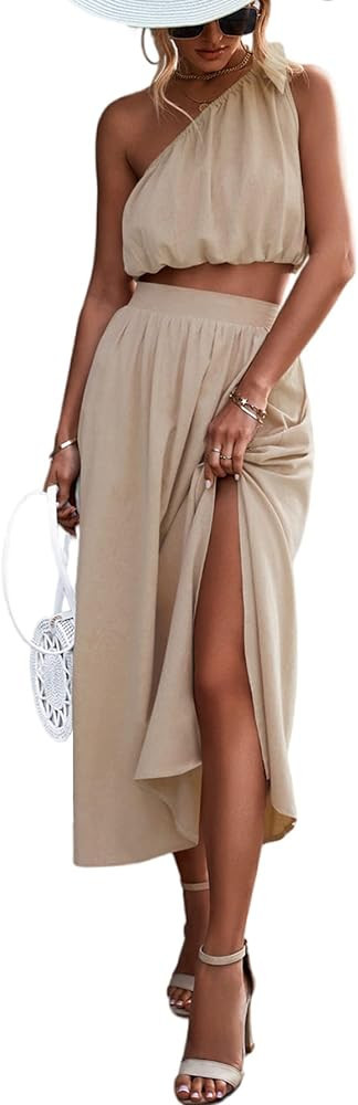 Umenlele Women's 2 Piece Outfits Tie Knot One Shoulder Tank Top High Waist Side Split Maxi Skirt | Amazon (US)