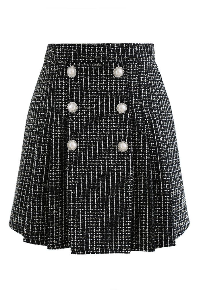 Pearl Button Check Tweed Mini Skirt in Black | Chicwish