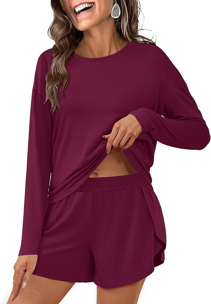 ANRABESS Womens Long Sleeve Pajama Sets 2025 Fall 2 Piece Outfits Lounge Matching Short Set Strip... | Amazon (US)