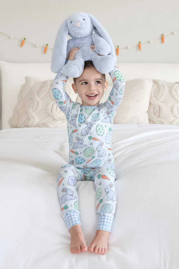 Hoppy Spring Two Piece Pajama Set | Blue | Caden Lane
