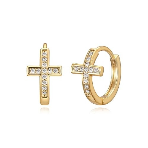 LOYATA Gold Cross Earrings for Women-14K Gold Plated Small Hoop Huggie Earrings Dainty Trendy CZ Cross Hoop Earring Cute Hypoallergenic Hoops Jewelry Valentine Gifts for Women | Amazon (US)