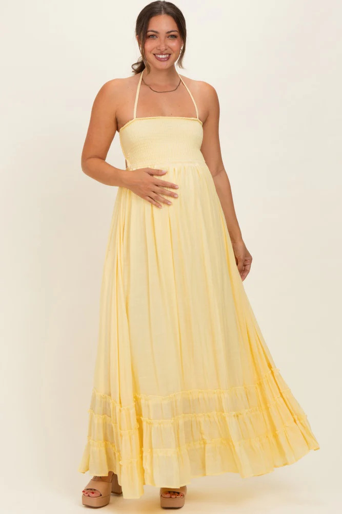 Yellow Smocked Halter Open Back Maternity Maxi Dress | PinkBlush Maternity