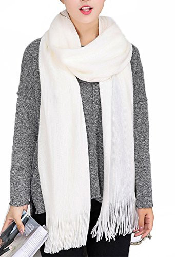 Wander Agio Women's Warm Long Scarves Winter Scarfs Pure Color Scarf Tassel White | Amazon (US)