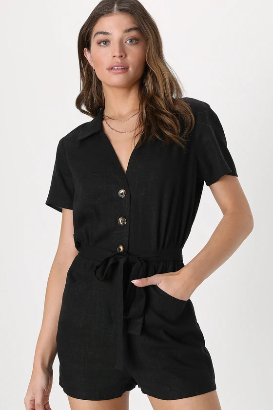 Effortless Confidence Black Button-Front Short Sleeve Romper | Lulus (US)