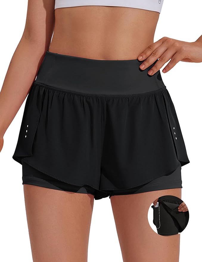 PINSPARK 2 in 1 Athletic Shorts for Women Biker Underneath Running Shorts High Waisted Gym Workou... | Amazon (US)