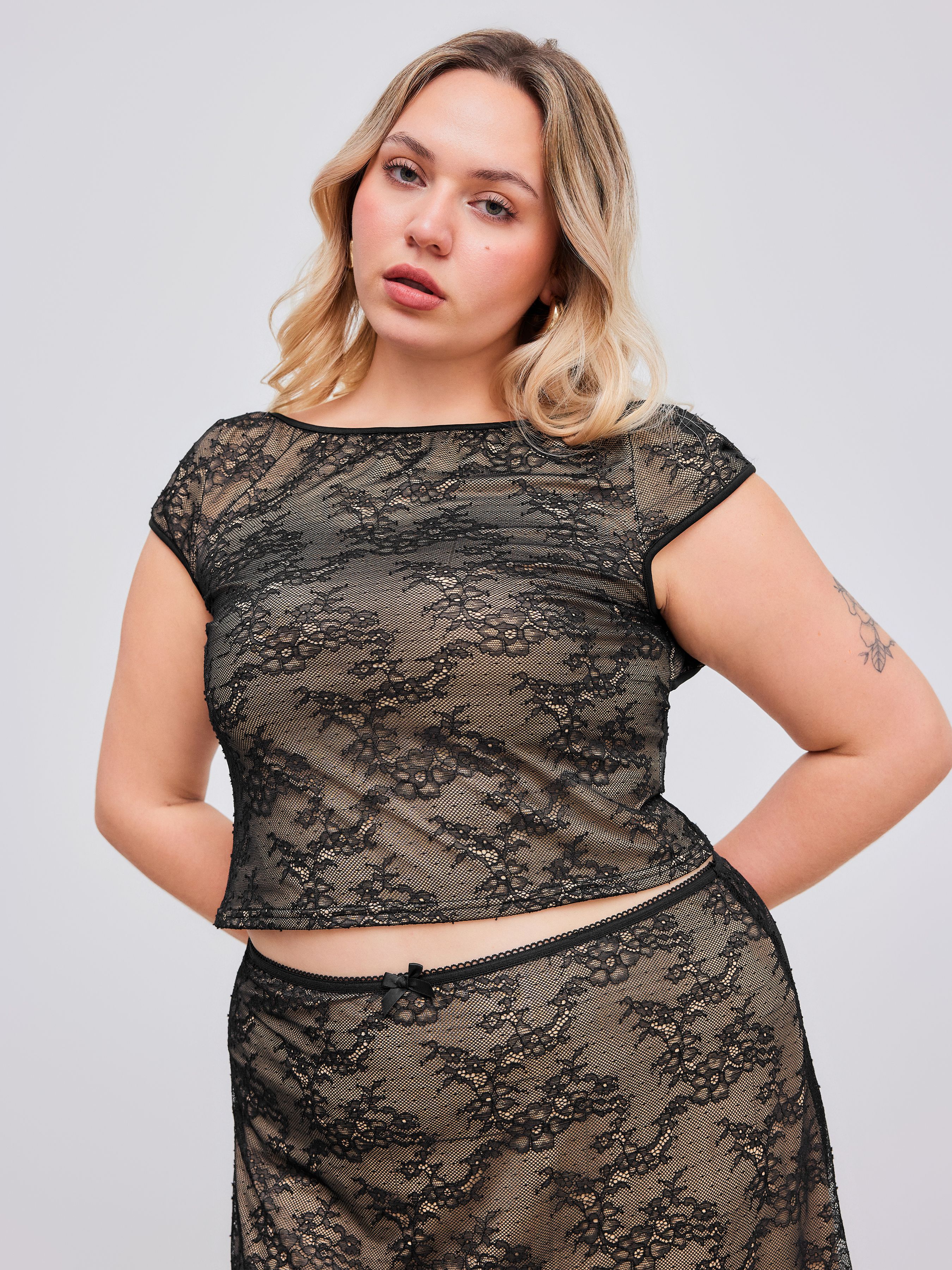 Lace Lace Boat Neck Backless Short Sleeve Top Curve & Plus For Date | Cider