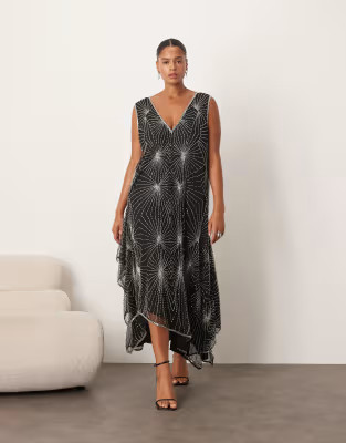 ARRANGE Curve deco linear embellished asymmetric midi dress in black | ASOS (Global)