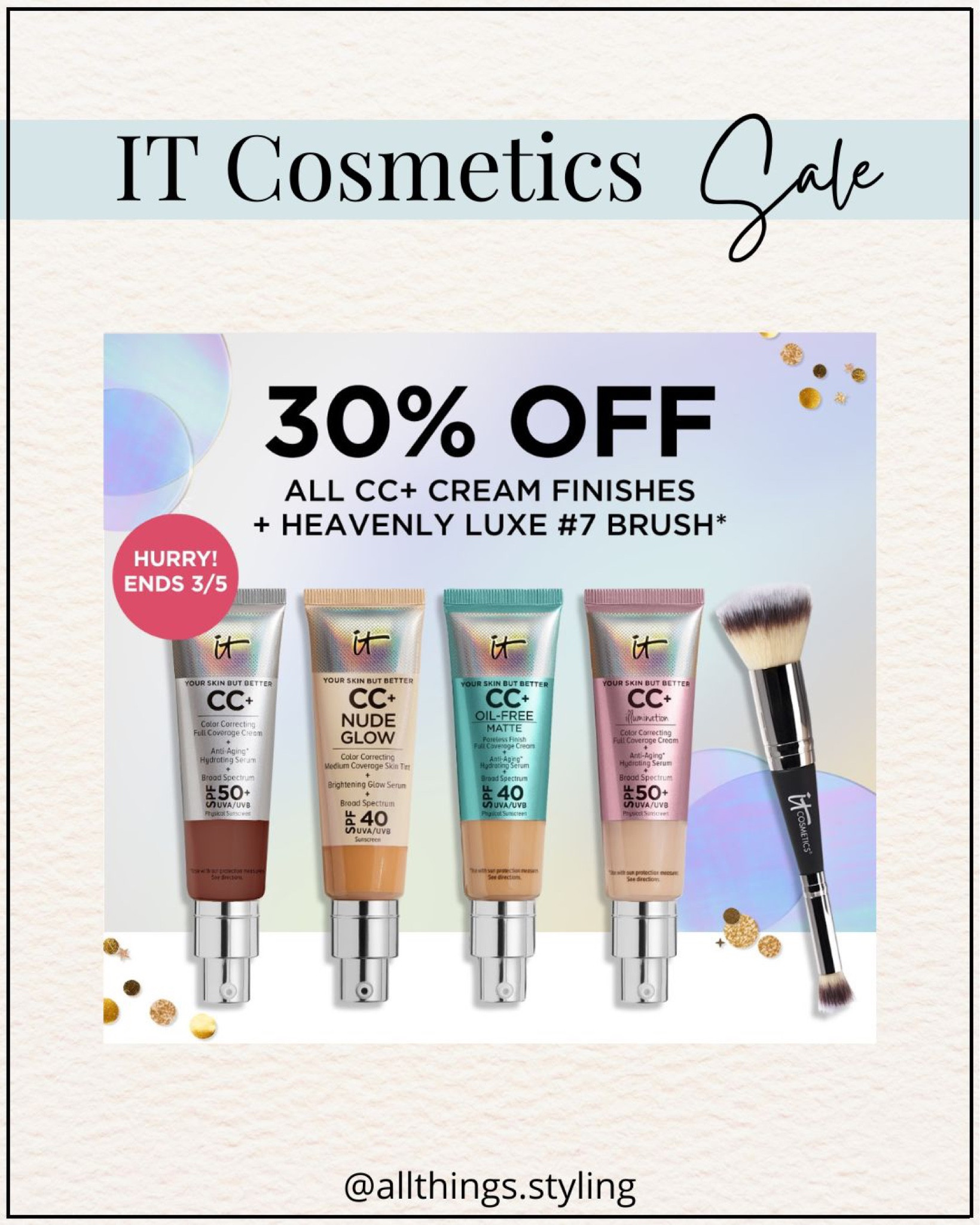 IT Cosmetics CC+ Cream Foundation Finishes 30% Off.  Love using CC+ Cream with SPF 50 in shade: Light. 

it cosmetics sale, cc cream full coverage foundation, cc nude glow, everyday makeup favorites, it cosmetics heavenly luxe brush

#LTKFind #LTKbeauty #LTKsalealert