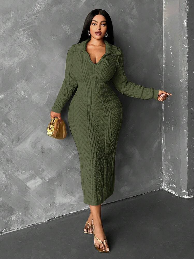 Maweii Plus Size Women Solid Color Collared Long Sleeve Fitted Elegant Sweater Dress, Autumn/Winter Fall Cloth For Women | SHEIN