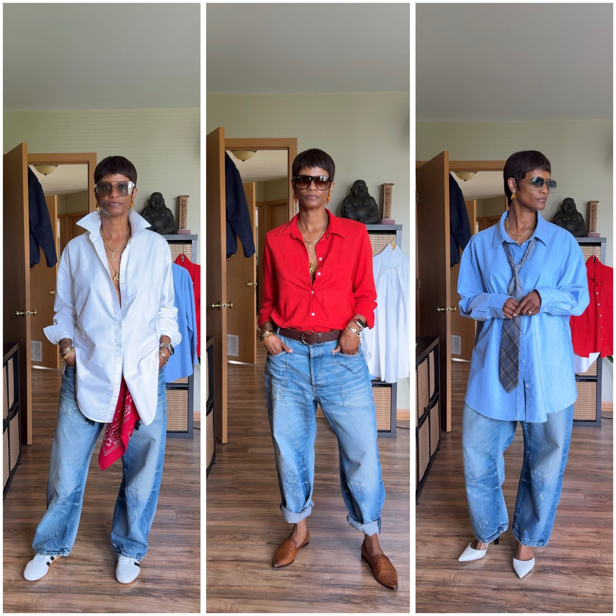 I’m wear a 31 in the pants. They literally rest at my butt and hips line. True to size I am a 27/28 or 6/8 
The white button up is a medium but it’s labeled oversized. 
The red shirt is a small 
The blue shirt is a 2XL

#baggyclothes #stylingoversized #style #stylingbuttonups #jeans