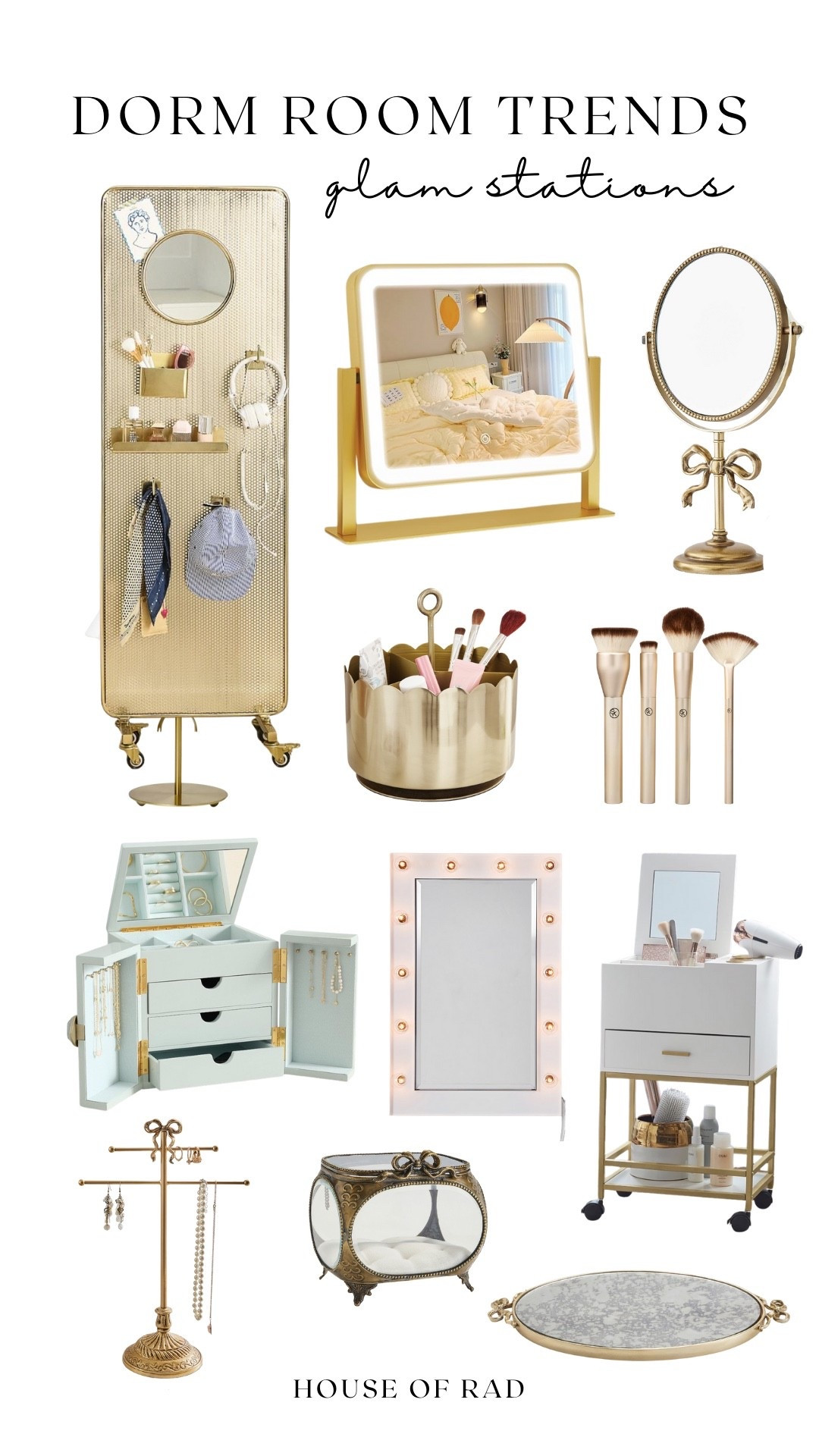 Dorm room trends: Glam Stations
GRWM and OOTD
Get ready with confidence and style at your own personal glam station
LED mirror
Makeup brush organizer
Desk mirror
Makeup station
Makeup brush
Jewelry box
Jewelry stand


#LTKBeauty #LTKHome #LTKU