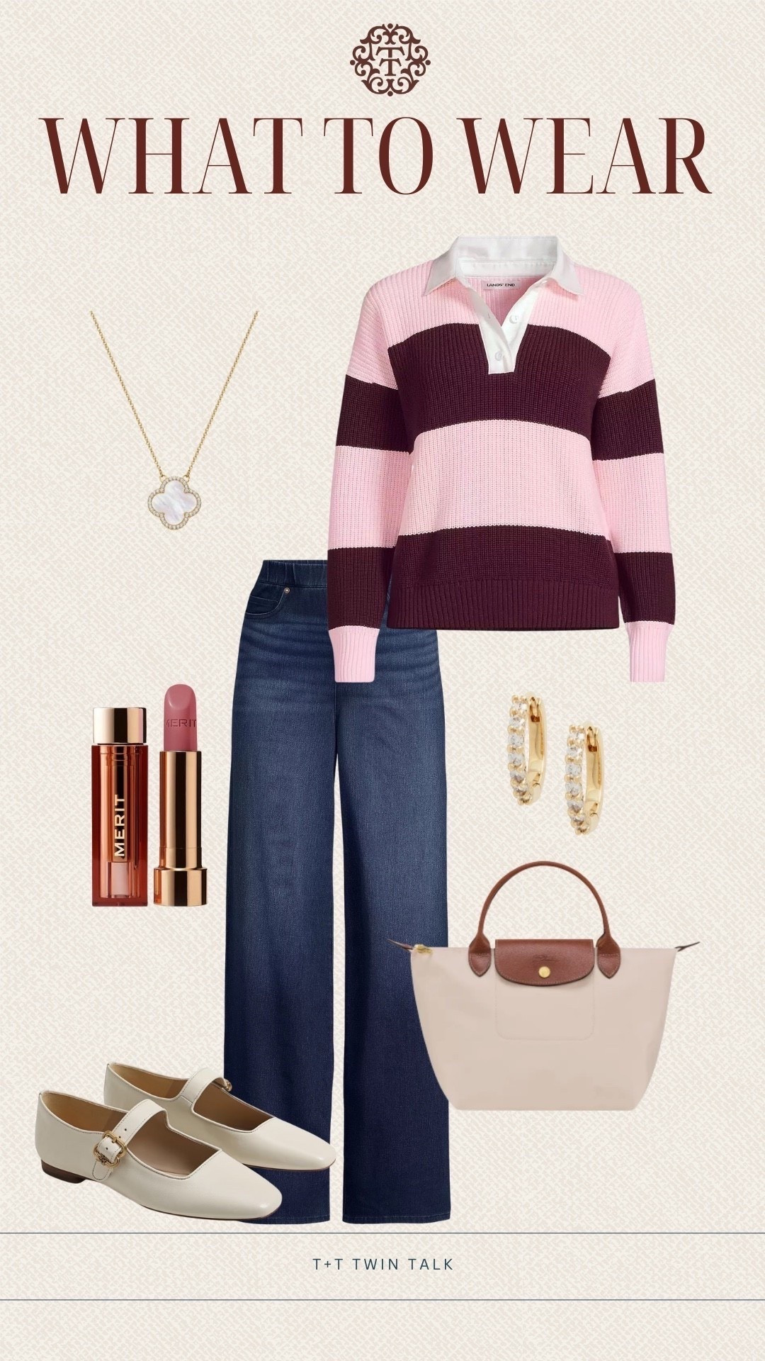 T+T, what to wear! We have been loving this rugby shirt from lands end! It pairs perfectly with dark wash denim and Mary Jane flats! Complete the look with gold jewelry and long champ purse! 

#LTKValentine #LTKOver40 #LTKMidsize